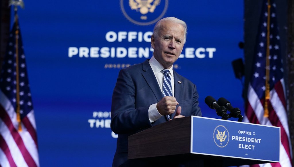 President-elect Joe Biden speaks at The Queen theater on Nov. 10, 2020, in Wilmington, Del. (AP)