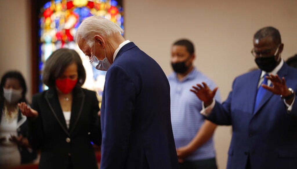 Democratic presidential candidate, former Vice President Joe Biden bows his head in prayer during a visit to Bethel AME Church in Wilmington, Del., Monday, June 1, 2020. (AP)
