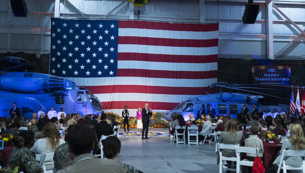 President Joe Biden with first lady Jill Biden speaks to service members and military families at Naval Station Norfolk, in Norfolk, Va., for the "friendsgiving" meal, Sunday, Nov. 19, 2023. (AP)