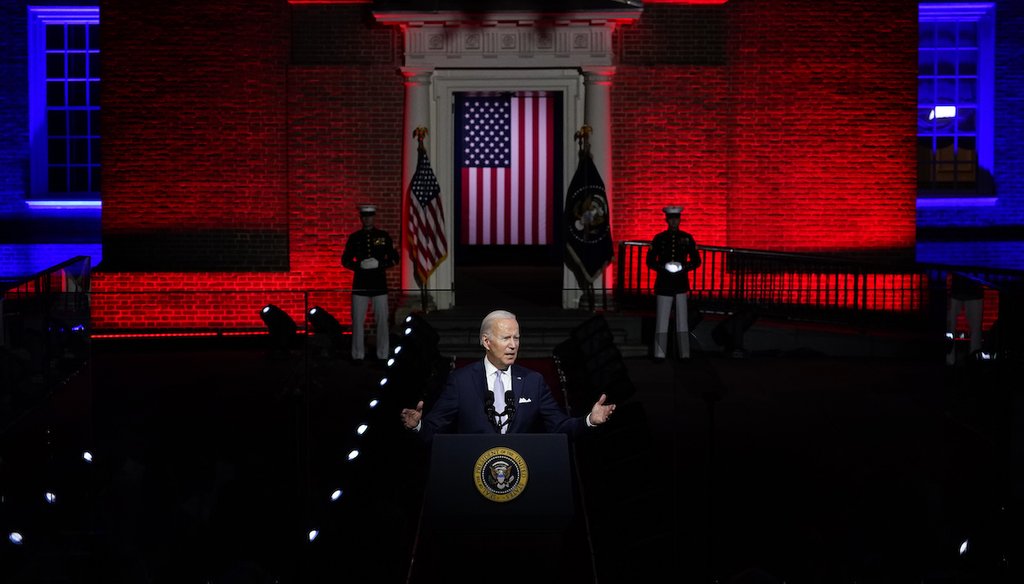 President Joe Biden delivers a speech outside Independence Hall in Philadelphia, Pennsylvania, Sept. 1, 2022. (AP)
