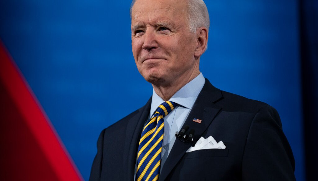 President Joe Biden speaks at a town hall in Milwaukee on Feb. 16, 2021