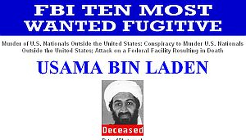 The FBI's Most Wanted list was changed to list Osama bin Laden as "Deceased."