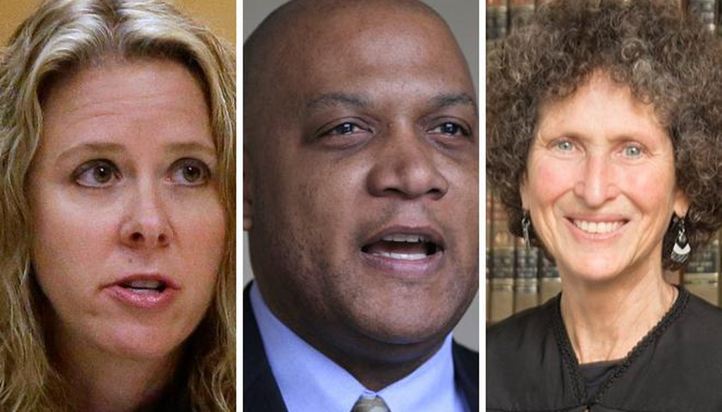 From left, Rebecca Bradley, Joe Donald and JoAnne Kloppenburg are competing in the Feb. 16, 2016 primary for a seat on the Wisconsin Supreme Court. Kloppenburg says Donald twice supported Bradley.