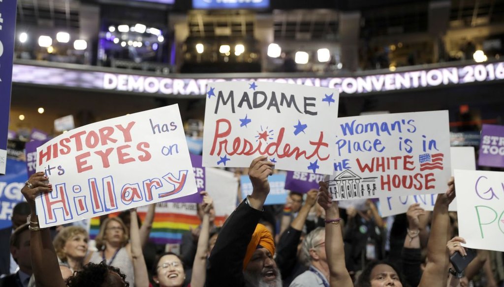 California delegates hold up signs as they cheer during the third day session of the Democratic National Convention in Philadelphia, PA. (AP)