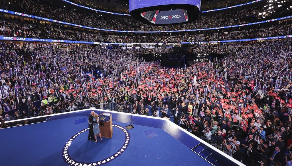 President Joe Biden embraces first lady Jill Biden on Day One of the Democratic National Convention, at the United Center, Aug. 19, 2024 in Chicago. (AP)