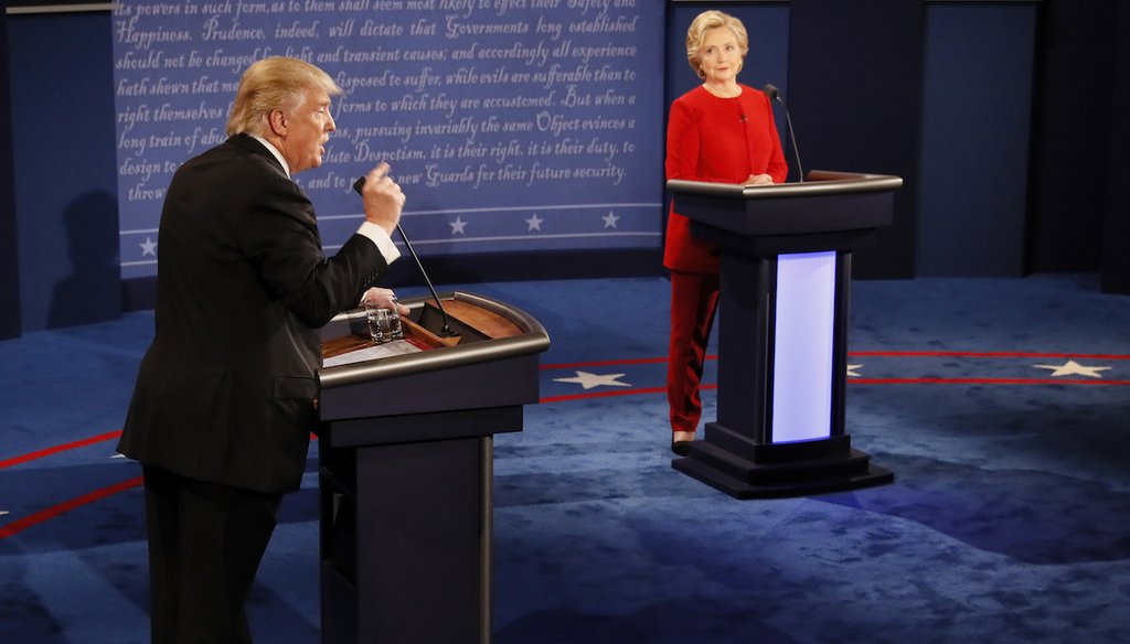 Republican presidential nominee Donald Trump gestures during the presidential debate with Democratic presidential nominee Hillary Clinton at Hofstra University in Hempstead, N.Y., Monday, Sept. 26, 2016. (Rick T. Wilking/Pool via AP)