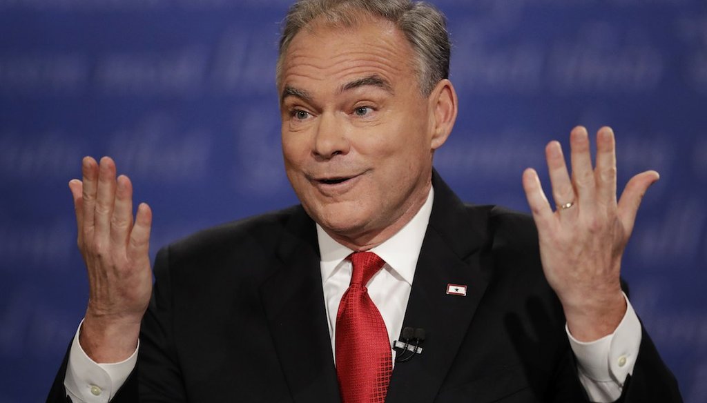 Democratic vice-presidential nominee Sen. Tim Kaine speaks during the vice-presidential debate with Republican vice-presidential nominee Gov. Mike Pence at Longwood University in Farmville, Va., Tuesday, Oct. 4, 2016. (AP Photo/Julio Cortez)