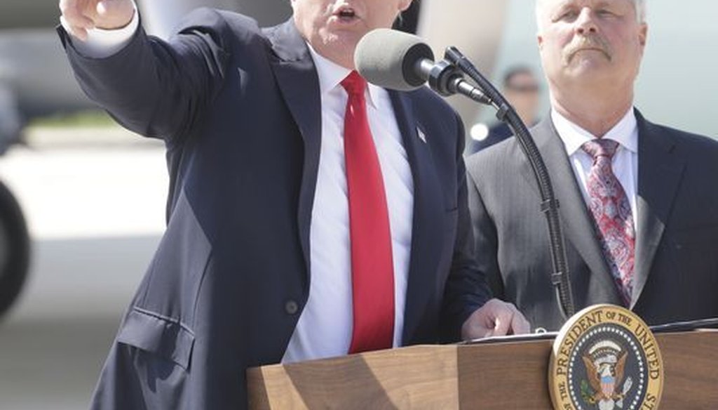 President Donald Trump ripped on Obamacare during remarks at Mitchell International Airport in Milwaukee on June 13, 2017. (Mike De Sisti/Milwaukee Journal Sentinel)