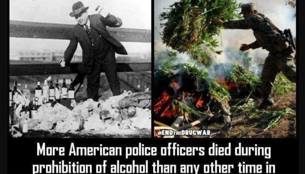 This screenshot shows the viral image comparing the number of police officer deaths during Prohibition and the war on drugs.