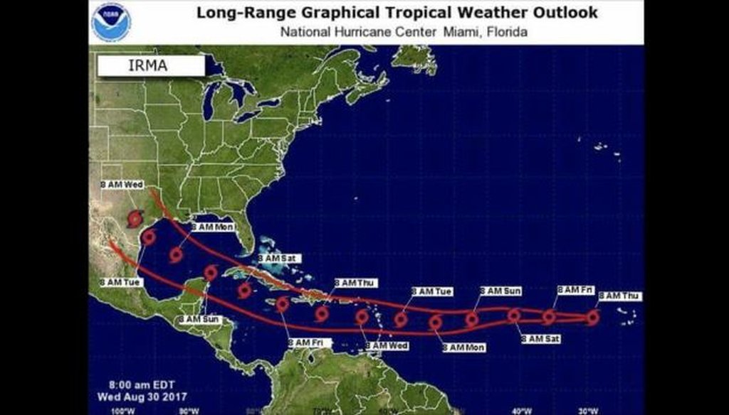 A Facebook image posted Aug. 31, 2017, showing Hurricane Irma on its way to the United States was flagged as false by the National Weather Service.