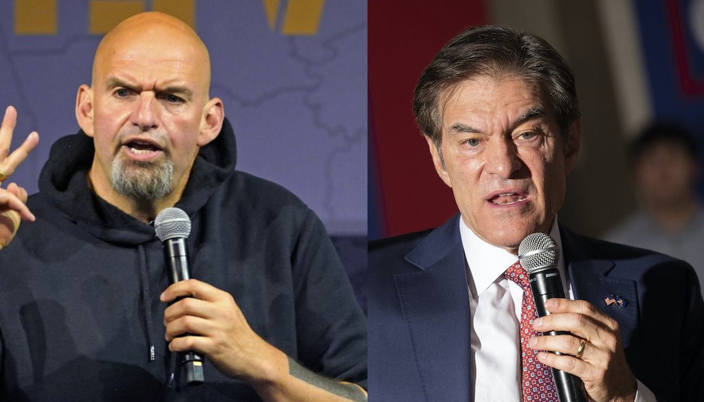 Left, Pennsylvania Lt. Gov. John Fetterman, the Democratic nominee for the state's U.S. Senate seat, speaks in Erie, Pa., on Aug. 12, 2022. Right, Dr. Mehmet Oz, his Republican challenger, speaks in Springfield, Pa., Thursday, Sept. 8, 2022. (AP)