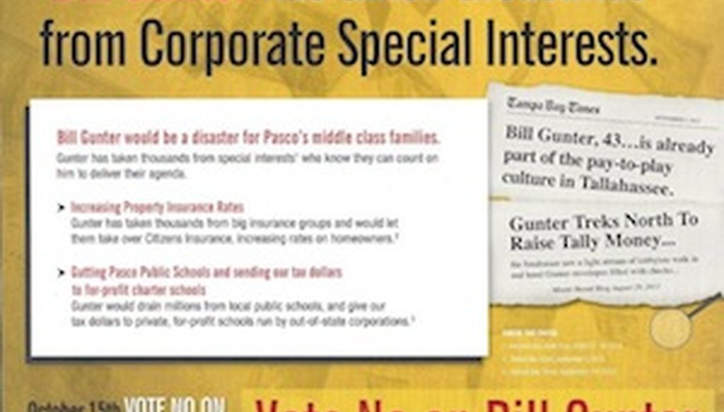 A mailer from the Florida Democratic Party attacks Republican candidate Bill Gunter. 