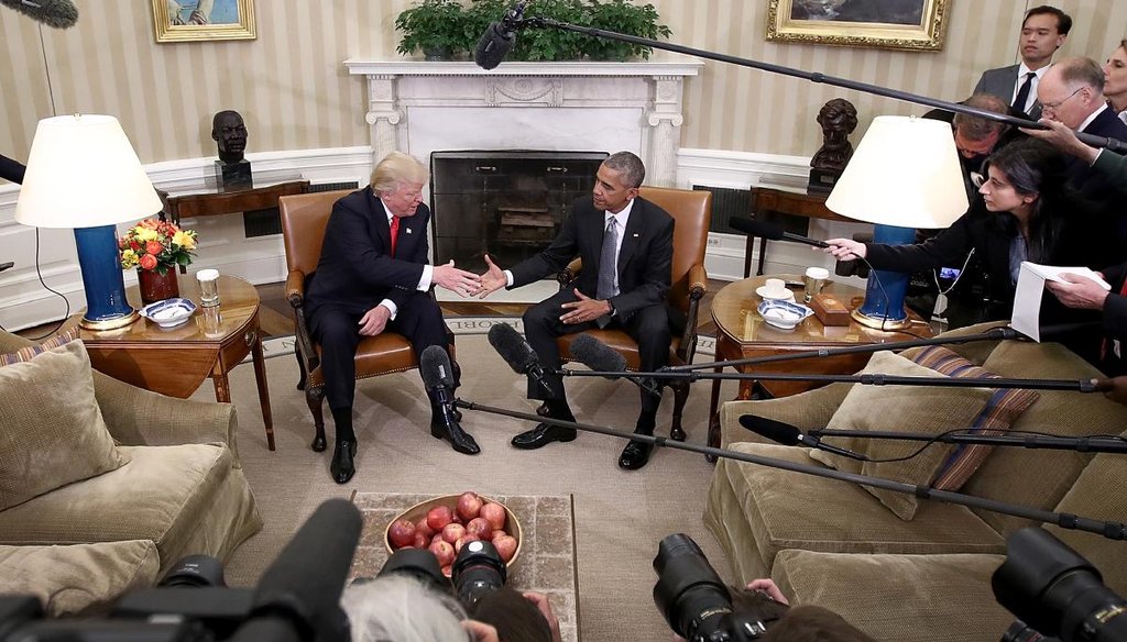 President Barack Obama shakes hands with President-elect Donald Trump following a meeting in the Oval Office Nov. 10, 2016, in Washington. (Getty)