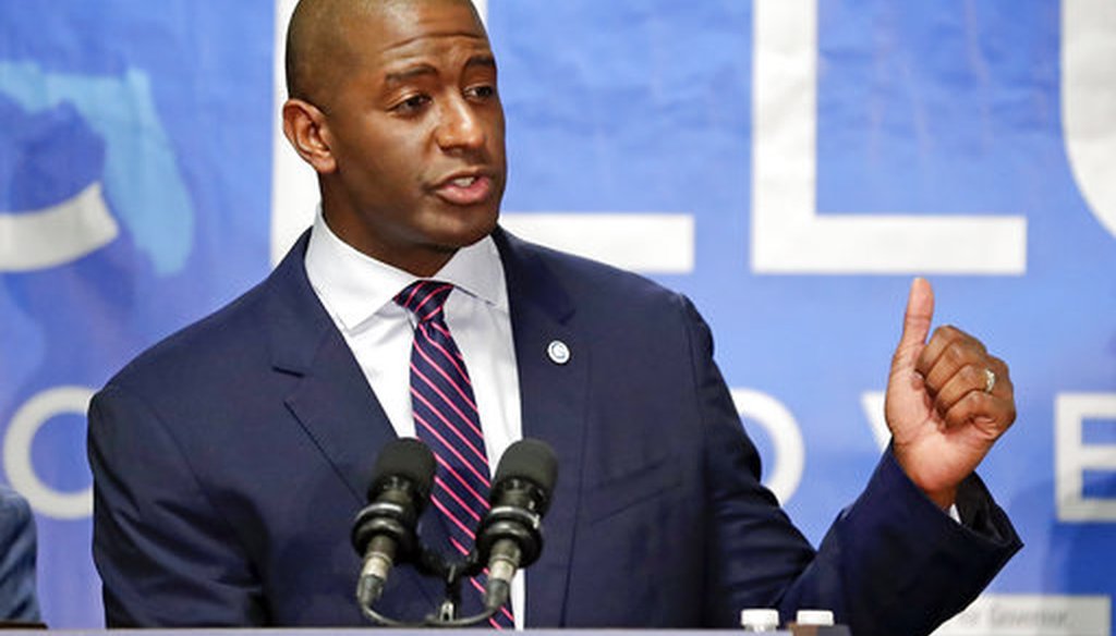 Florida Democratic gubernatorial candidate Andrew Gillum speaks to supporters after he was endorsed by Puerto Rico Governor Ricardo Rossello during a campaign rally Monday Oct. 1, 2018, in Kissimmee, Fla. (AP)