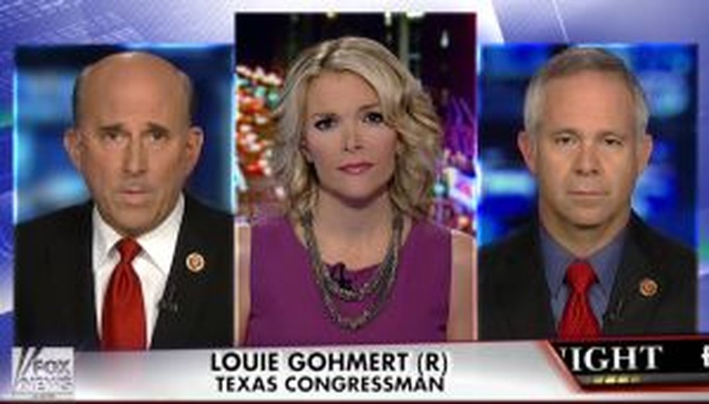 Texas Republican Rep. Louie Gohmert (left) joined Rep. Tim Huelskamp, R-Kan., for an interview on Fox News with host Megyn Kelly on Oct. 15, 2013.