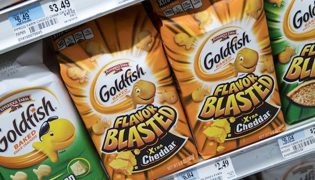 This 2018 photo shows Goldfish crackers displayed at a supermarket in the East Village neighborhood of Manhattan. (AP)