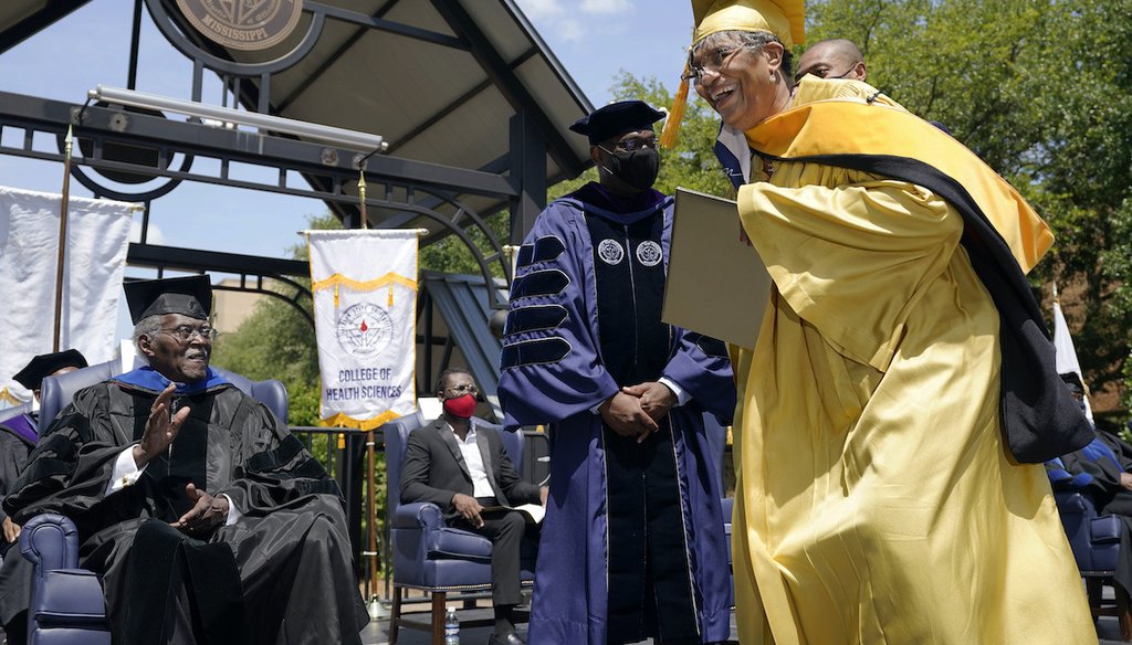 A graduation ceremony on May 15, 2021, at Jackson State University in Mississippi, an HBCU, awarded diplomas to members of the Class of 1970. The 1970 ceremony was canceled after white law enforcement officers killed 2 people during a campus protest. (AP)