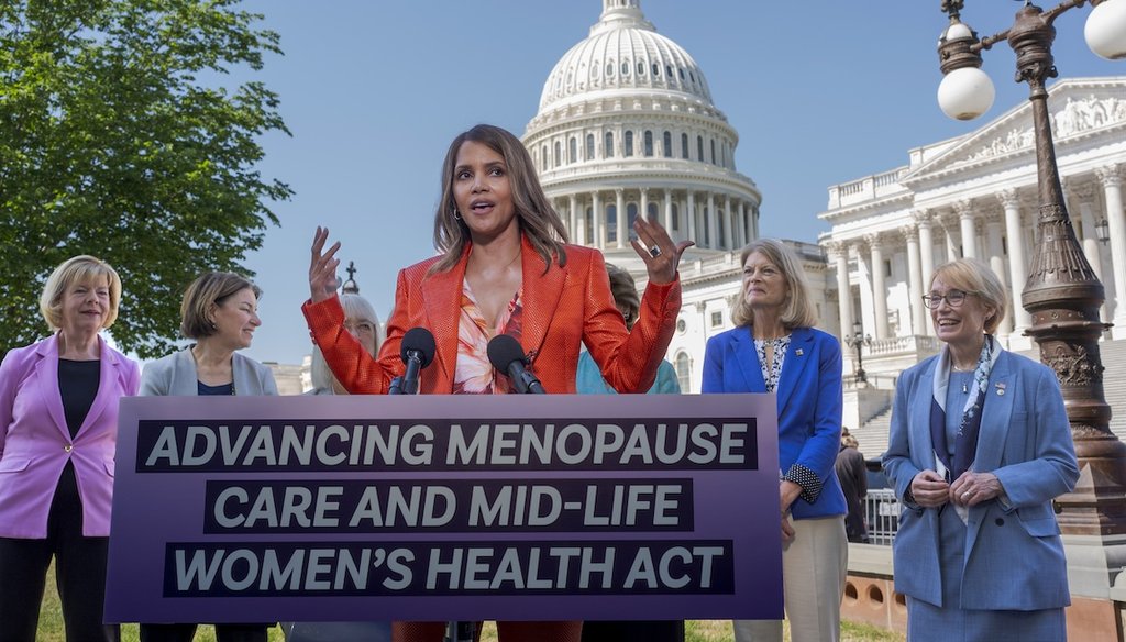 Actor and women's health activist Halle Berry joins senators as they introduce new legislation to boost federal research on menopause, at the Capitol in Washington, May 2, 2024. (AP)