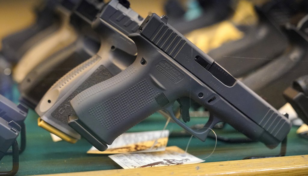 In this file photo, handguns are displayed at a pawn shop Monday, July 18, 2022, in Auburn, Maine. (AP)