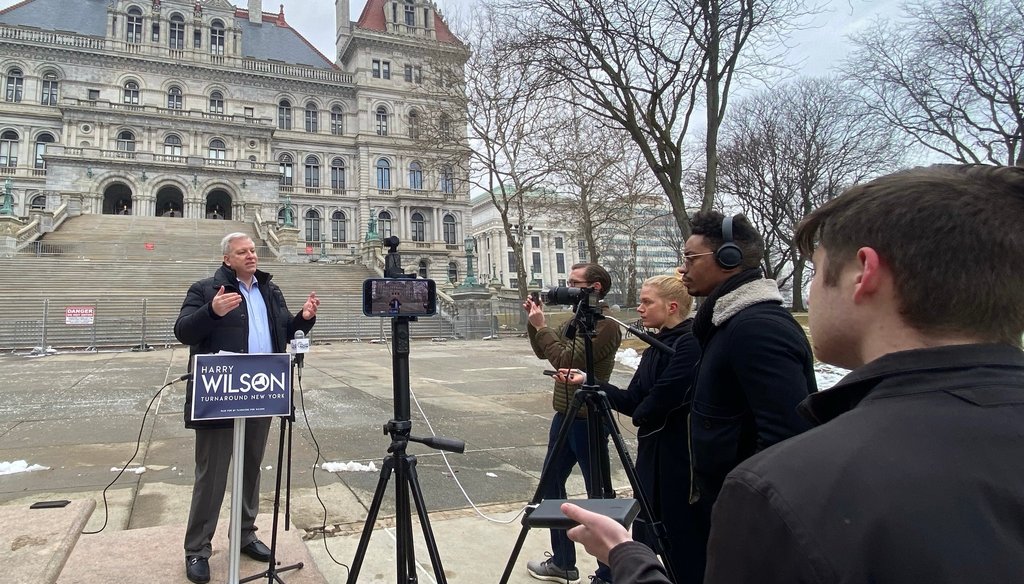 Harry Wilson, a Republican running for governor of New York, speaks to reporters outside the capitol in Albany on March 11, 2022. (Harry Wilson campaign/Facebook)