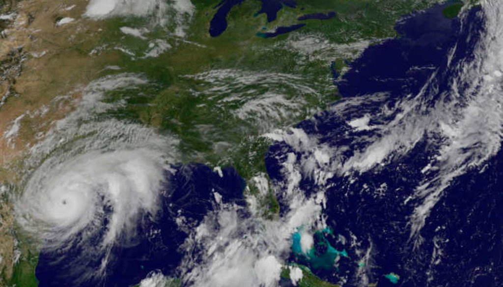 A satellite image of Hurricane Harvey approaching the coast of Texas on Aug. 25, 2017. (NASA/NOAA)