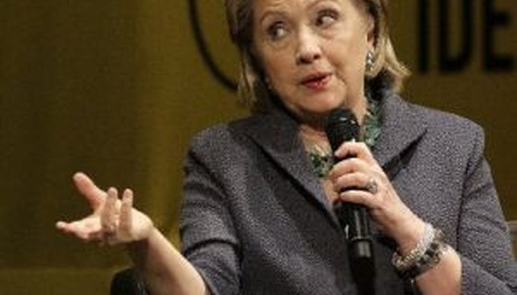 Former Secretary of State Hillary Clinton answers a question from the crowd during a stop on her book tour in Chicago, on June 11, 2014.