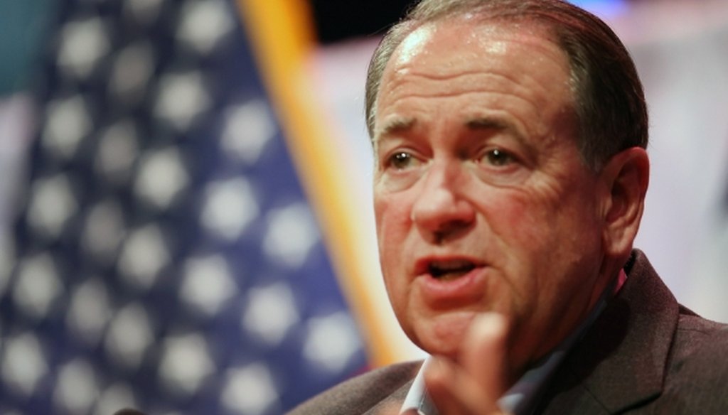 Former Arkansas Gov. Mike Huckabee speaks to the Iowa Faith and Freedom Coalition 2015 spring kickoff in Waukee, Iowa, April 25, 2015. 