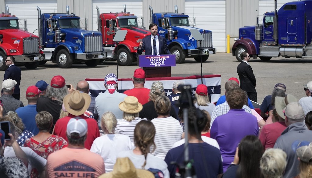 Republican vice presidential nominee Sen. J.D. Vance, R-Ohio, speaks at a campaign event, Aug. 14, 2024, in Byron Center, Mich. (AP)