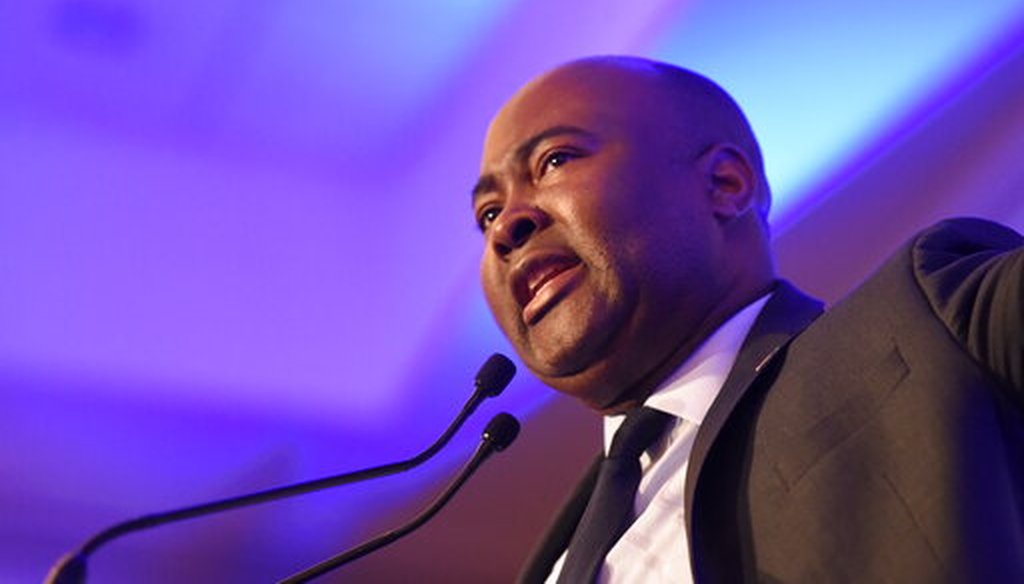 In this Feb. 24, 2020 photo, Democratic Senate candidate Jaime Harrison, who is challenging U.S. Sen. Lindsey Graham, R-S.C., speaks at a South Carolina Democratic Party dinner in Charleston, S.C. (AP)