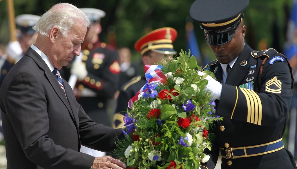 Vice President Joe Biden lays a wreath at the Tomb of the Unknowns on Memorial Day, May 31, 2010, at Arlington National Cemetery in Arlington, Va. (AP)