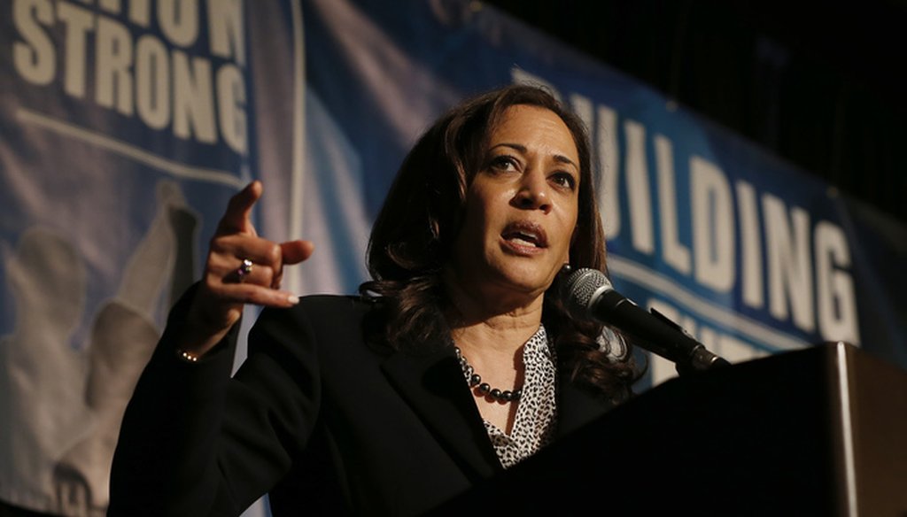 U.S. Sen. Kamala Harris, a candidate for the 2020 Democratic presidential nomination, addresses labor leaders in Sacramento, Calif., in April 2019. (AP Photo/Rich Pedroncelli)