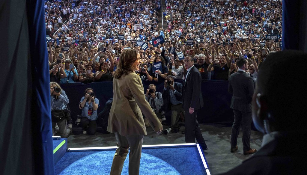 Democratic presidential nominee Vice President Kamala Harris walks on stage during a campaign rally at Desert Diamond Arena, Aug. 9, 2024, in Glendale, Ariz. (AP)