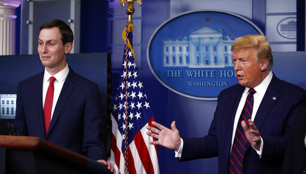 President Donald Trump speaks about the coronavirus in the James Brady Press Briefing Room of the White House, Thursday, April 2, 2020, in Washington, as White House adviser Jared Kushner listens. (AP)