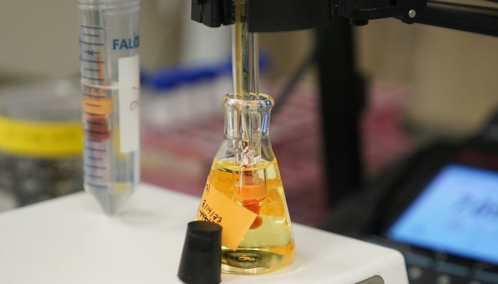 A water sample is measured as part of a PFAS drinking water treatment experiment, Tuesday, Feb. 14, 2023, at the U.S. Environmental Protection Agency Center For Environmental Solutions and Emergency Response in Cincinnati. (AP)