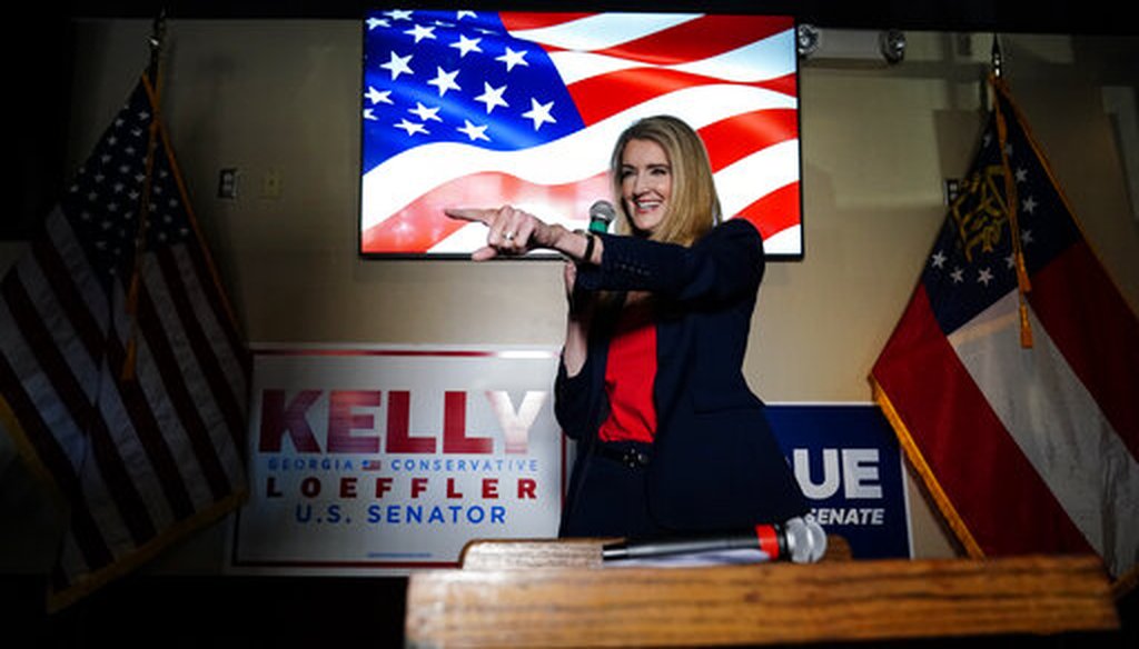 Republican candidate for U.S. Senate Sen. Kelly Loeffler speaks at a campaign rally on Friday, Nov. 13, 2020, in Cumming, Ga. Loeffler and Democratic candidate Raphael Warnock are in a runoff election for the Senate seat in Georgia. (AP)