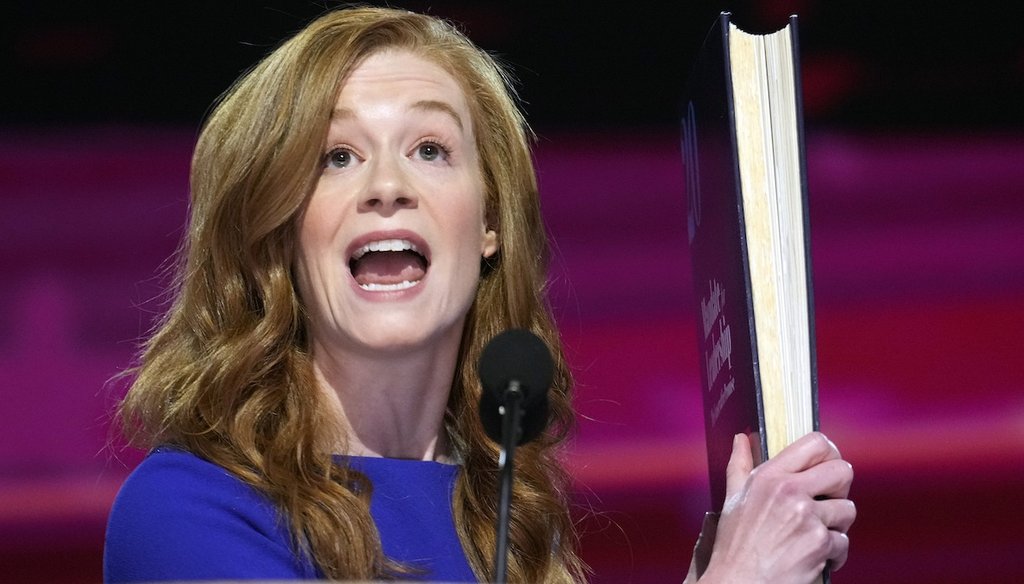 Michigan State Senator Mallory McMorrow holds up a copy of Project 2025 during the first night of the 2024 Democratic National Convention in Chicago. (AP)