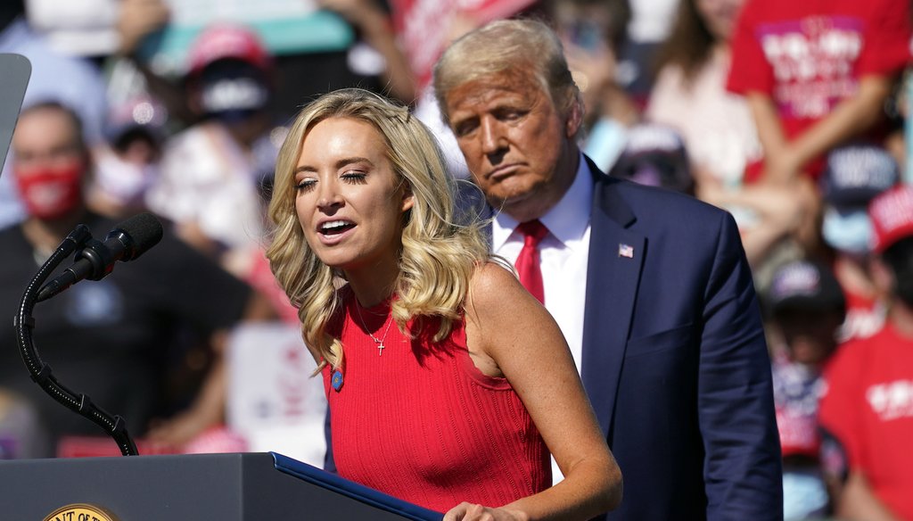 White House press secretary Kayleigh McEnany and President Donald Trump at a campaign rally in Prescott, Ariz. (AP Photo/Alex Brandon)