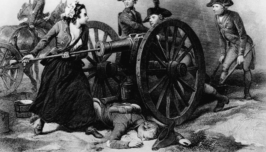Molly Pitcher, a semi-mythical Revolutionary War figure, reloads a cannon. (Wikimedia Commons)
