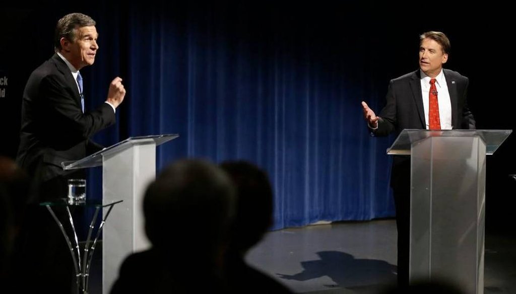 North Carolina Gov. Pat McCrory, right, faced off with challenger Attorney General Roy Cooper, left, in a debate on Tuesday, Oct. 11. Associated Press photo.