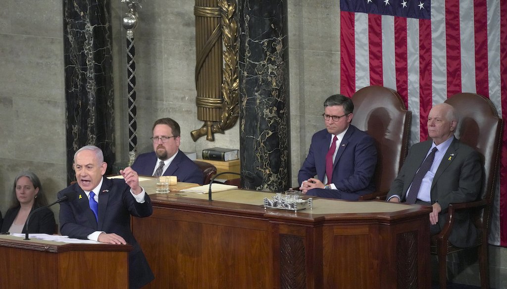 Israeli Prime Minister Benjamin Netanyahu speaks to a joint session of Congress at the Capitol, July 24, 2024, as House Speaker Mike Johnson of La., and Senate Foreign Relations Chair Ben Cardin, D-Md., watch. (AP)