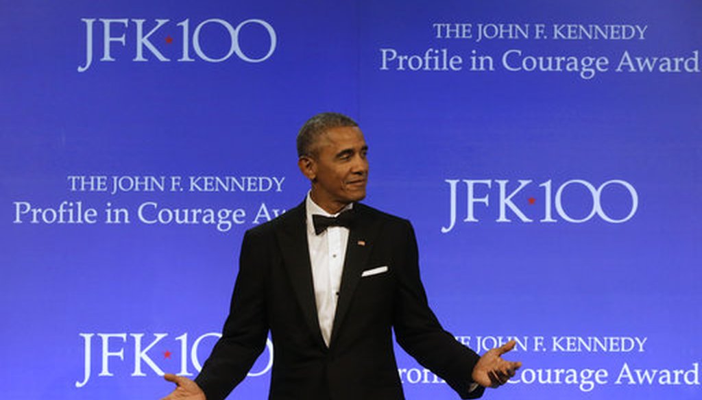 In this May 7, 2017, file photo, former President Barack Obama walks toward a podium to address an audience after being presented with the 2017 Profile in Courage award during ceremonies at the John F. Kennedy Presidential Library and Museum. (AP)