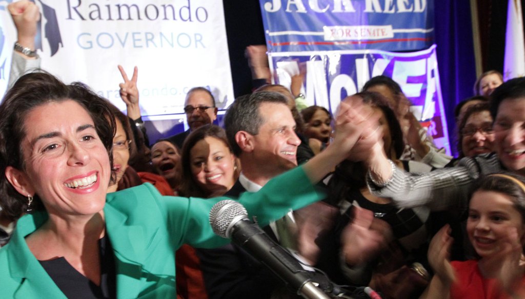 Gina Raimondo celebrates her election victory on Nov. 4, 2014. (Providence Journal / Sandor Bodo)