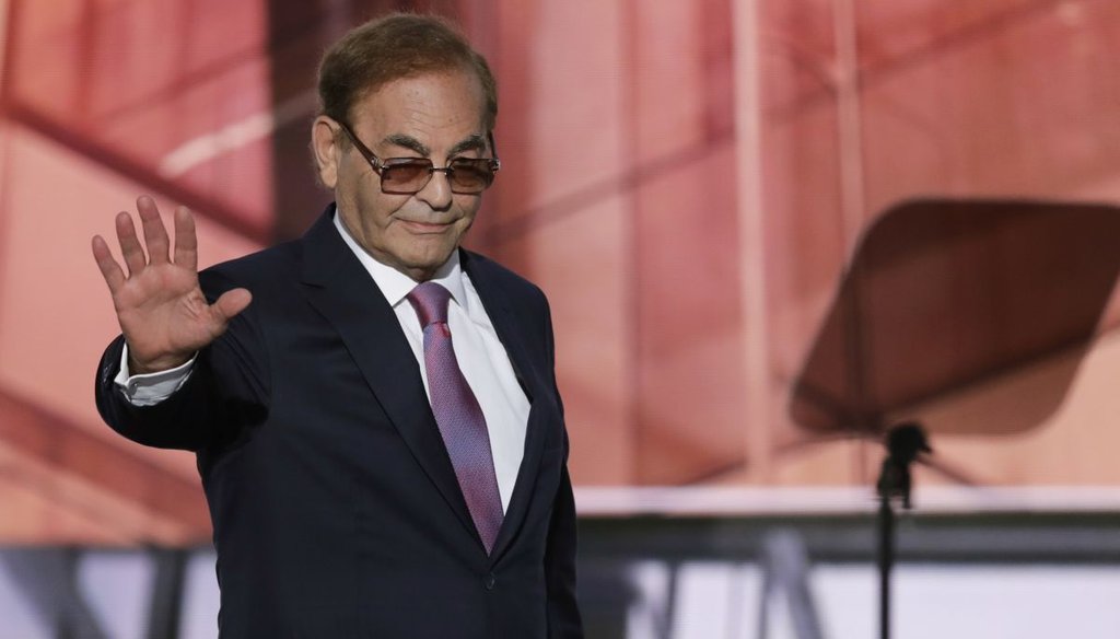 Businessman Phil Ruffin waves has he walks on stage during the third day of the Republican National Convention in Cleveland. (AP)