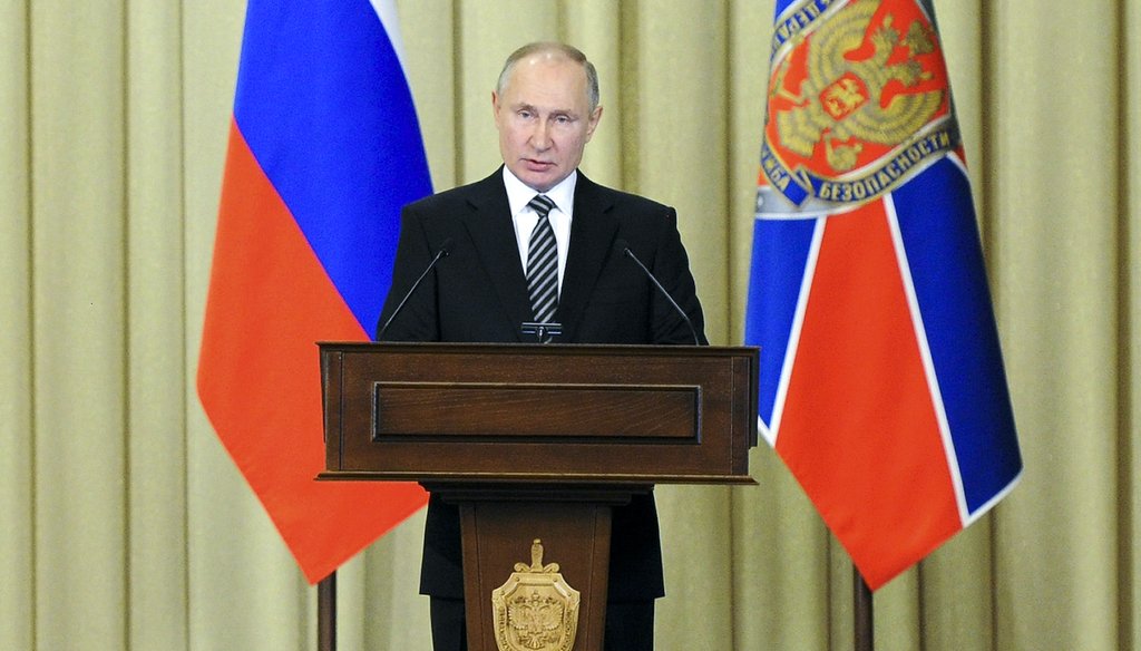 Russian President Vladimir Putin speaks during a meeting of the Federal Security Service board Feb. 24, 2021, in Moscow. (AP)