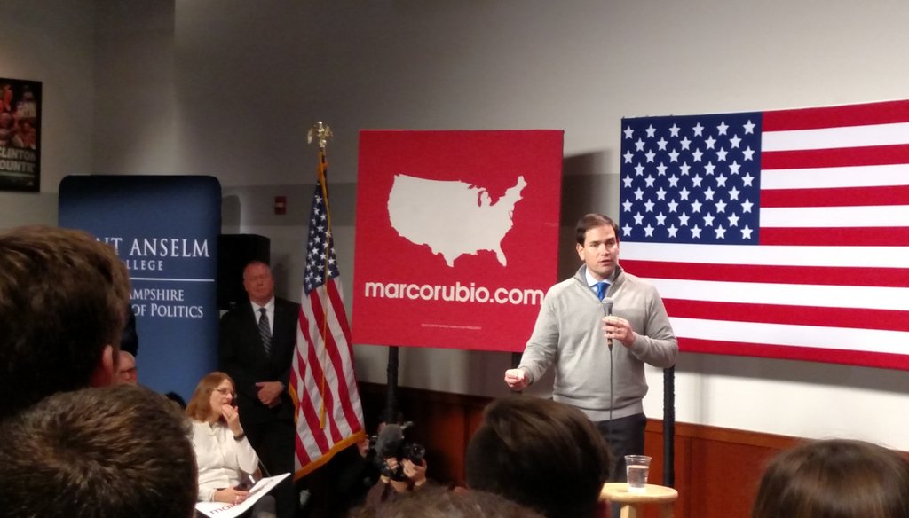 Marco Rubio holds a town hall meeting at the St. Anselm's College Institute of Politics in Manchester, N.H., on Feb. 4, 2016 (Louis Jacobson)