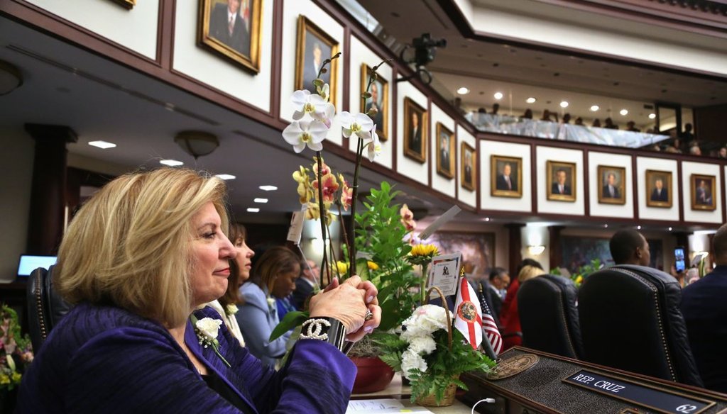 Rep. Janet Cruz, D- Tampa, listens to House Speaker Richard Corcoran's speech in the Florida House, Tuesday, on the first day of the 2017 session. (Scott Keeler, Tampa Bay Times)