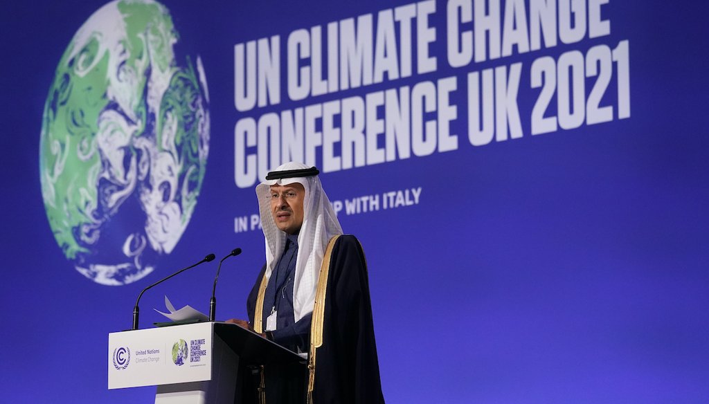 Saudi Arabia Minister of Energy Prince Abdulaziz bin Salman Al Saud speaks at the COP26 U.N. Climate Summit in Glasgow, Scotland, on Nov. 10, 2021. (AP)