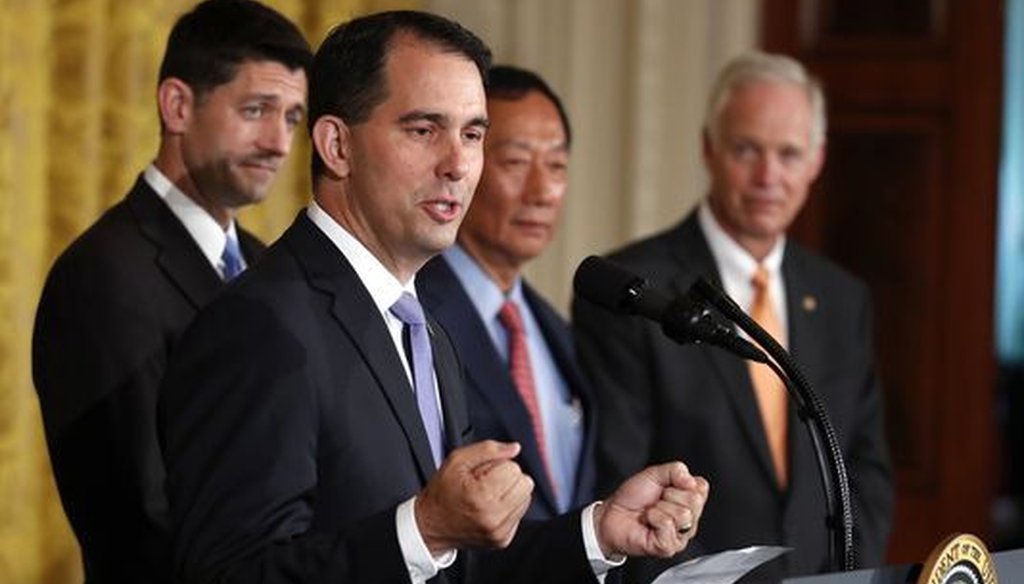 Wisconsin Gov. Scott Walker visited the White House on July 26, 2017 to take part in an announcement that Foxconn plans to build a $10 billion manufacturing facility in his state. (Associated Press)