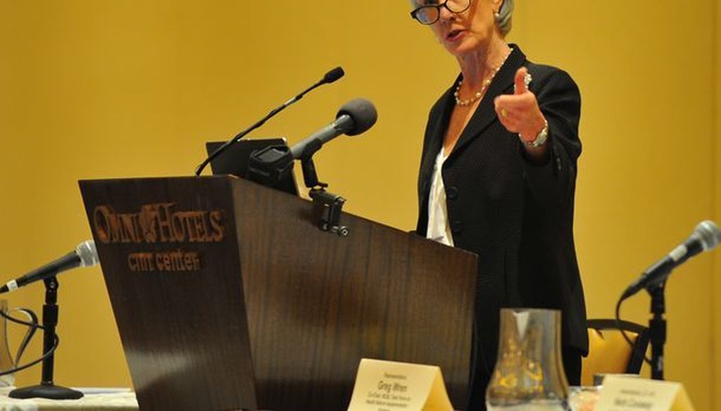 U.S. Department of Health and Human Services Secretary Kathleen Sebelius speaks Monday in Atlanta at the National Conference of State Legislatures annual legislative conference. Photo credit: Brant Sanderlin/AJC