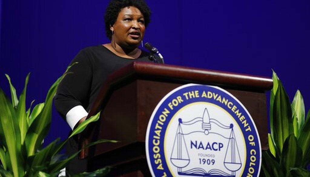 Former Georgia House Minority Leader Stacey Abrams addresses the 110th NAACP National Convention, Monday, July 22, 2019, in Detroit. (AP)